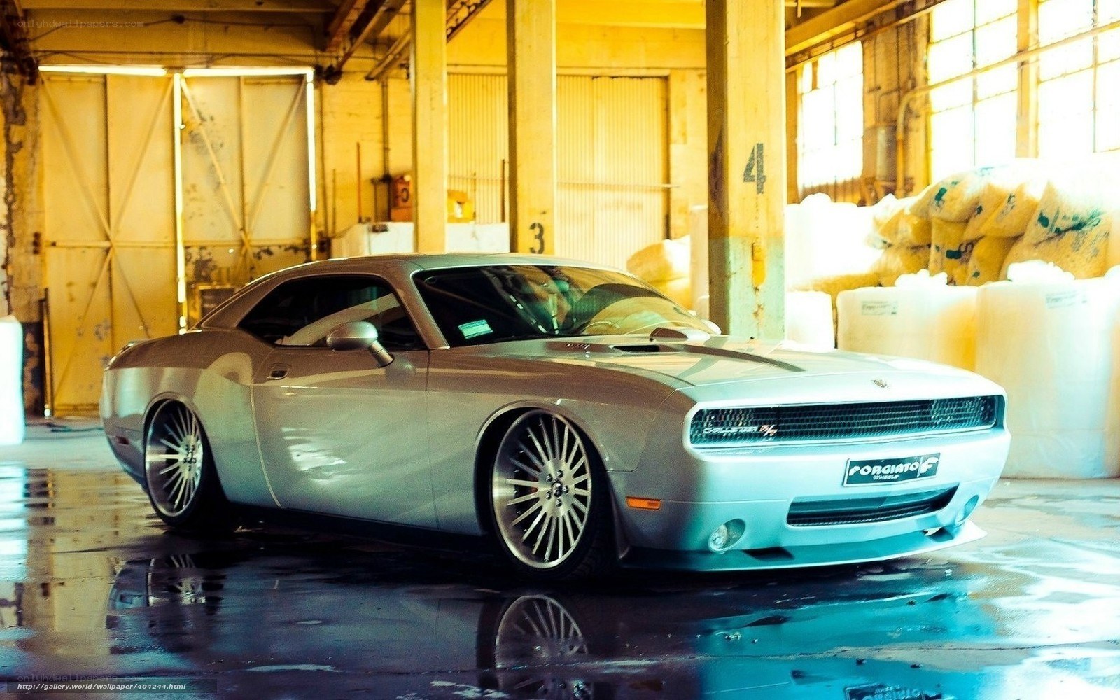 Silver muscle car in warehouse