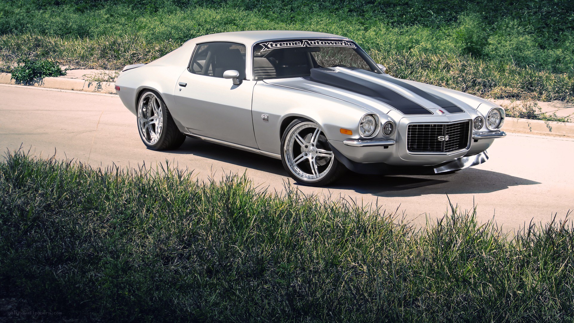 silver muscle car on road