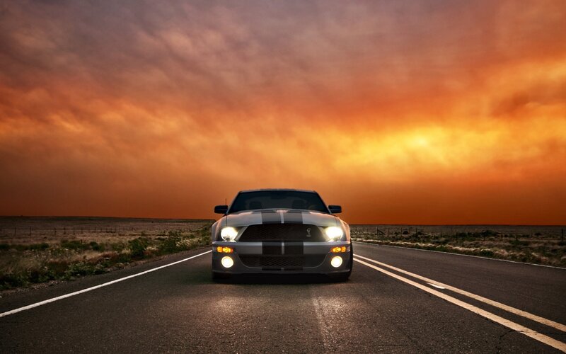 Silver Muscle Car — Orange, Dramatic, Sunset, Photograph