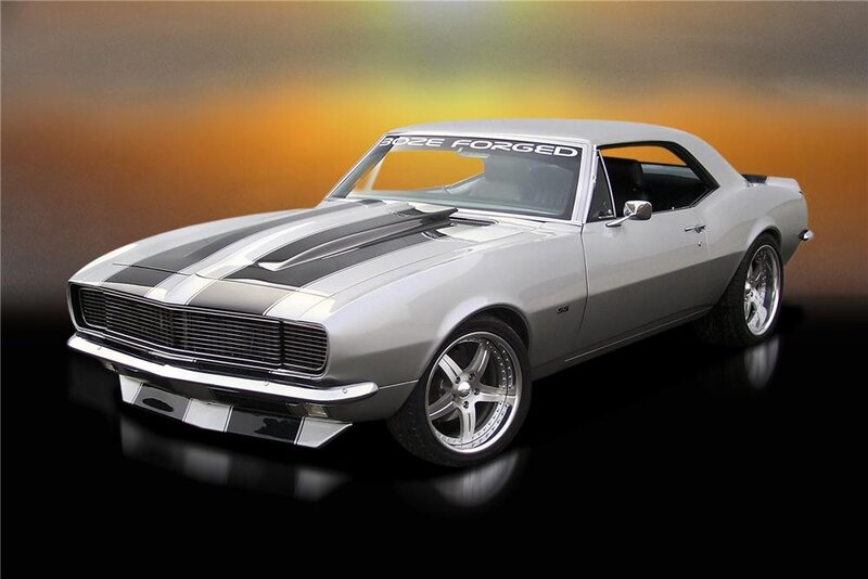 Silver muscle car with black stripes