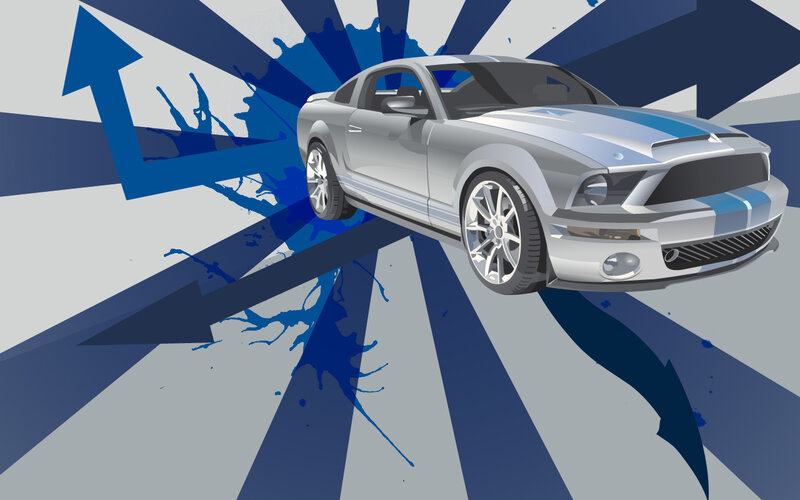 silver muscle car with blue stripes