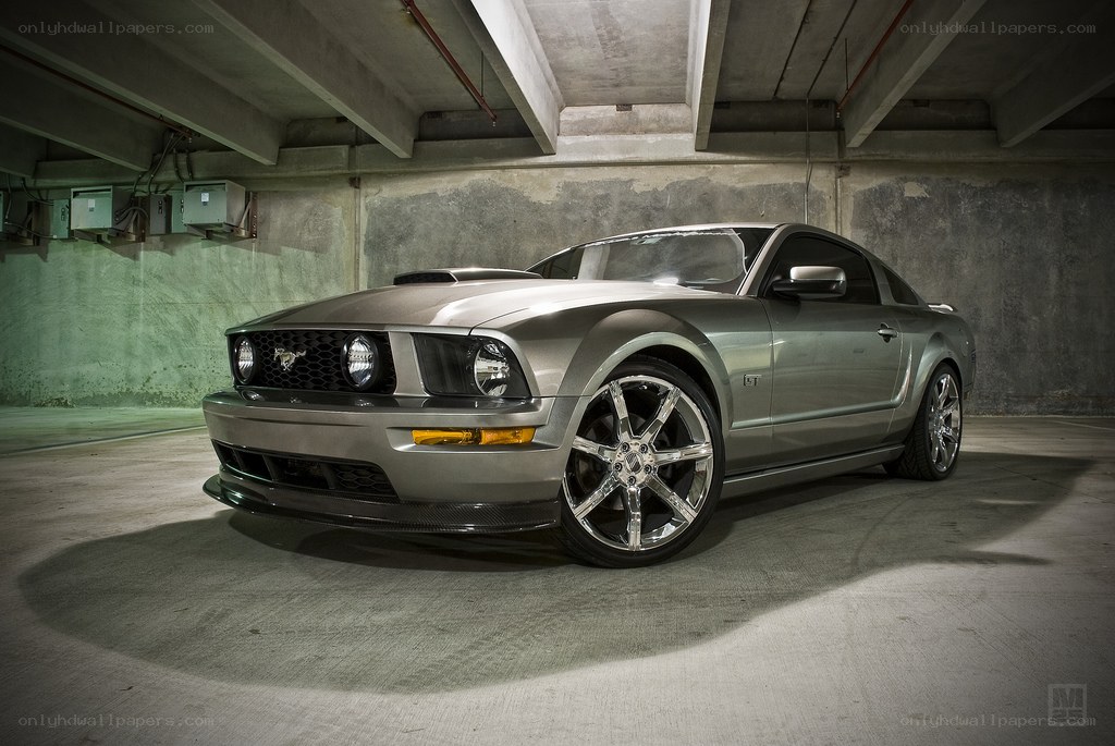 silver mustang in garage