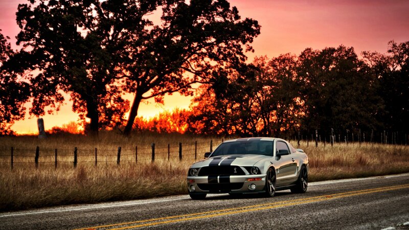 Silver Mustang on a country road