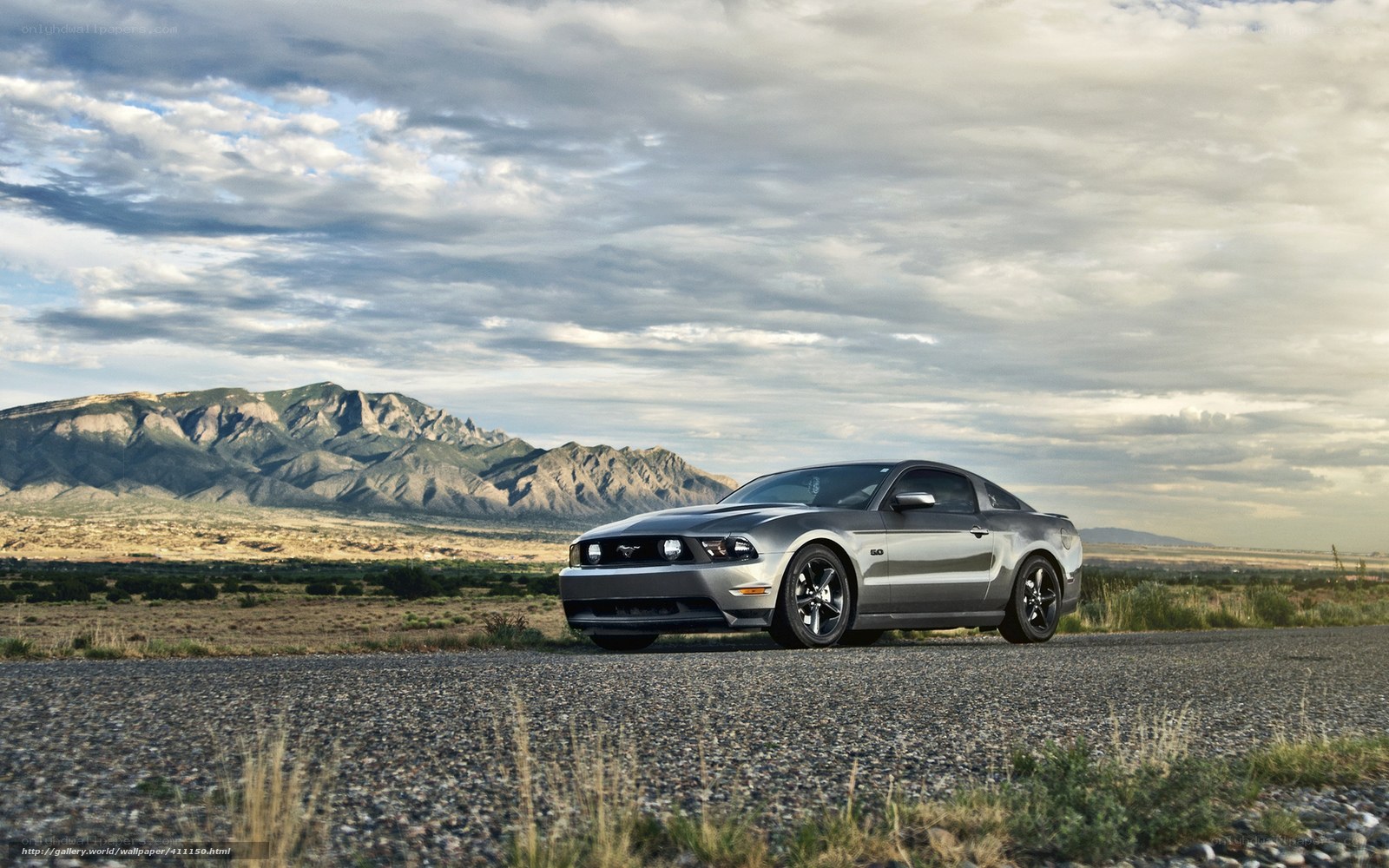 Silver Mustang on gravel road