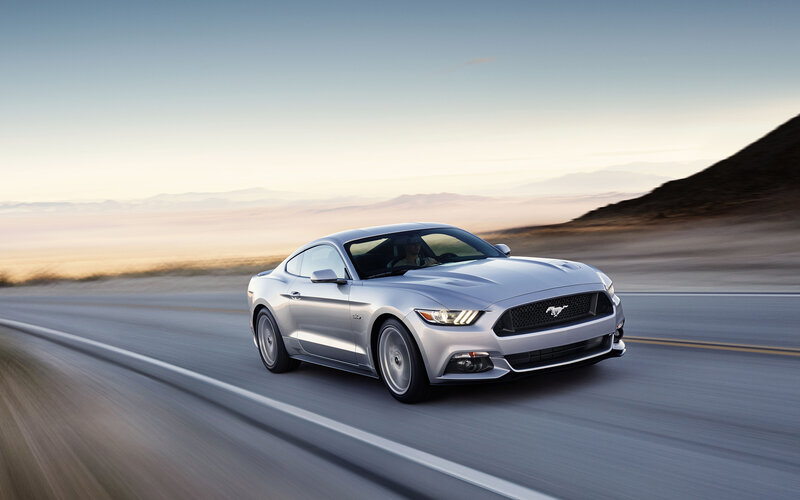 Silver Mustang on Road — Dynamic, Sunset, Photograph