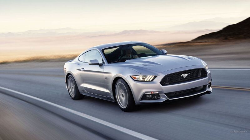 Silver Mustang on Road — Dynamic, Sunset