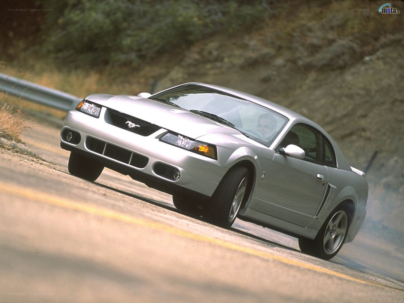 silver mustang on winding road