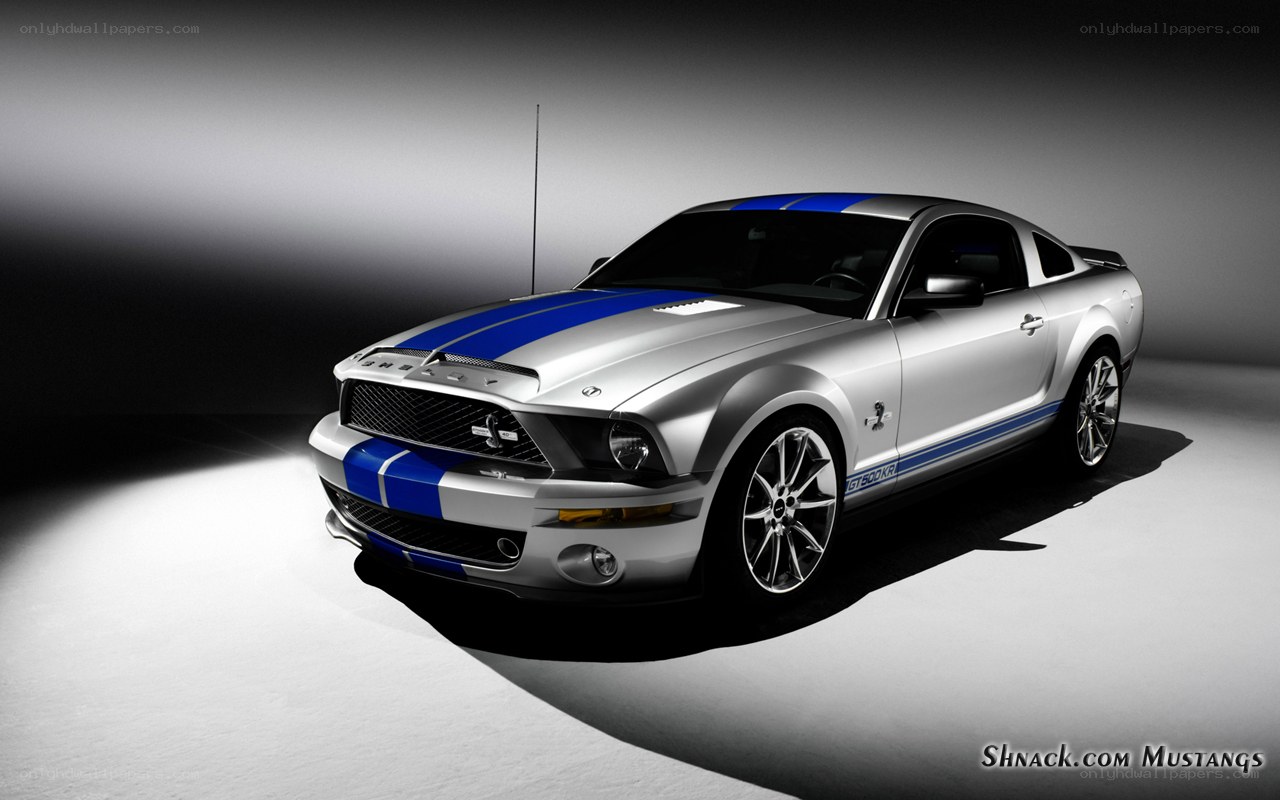 Silver Mustang with blue stripes