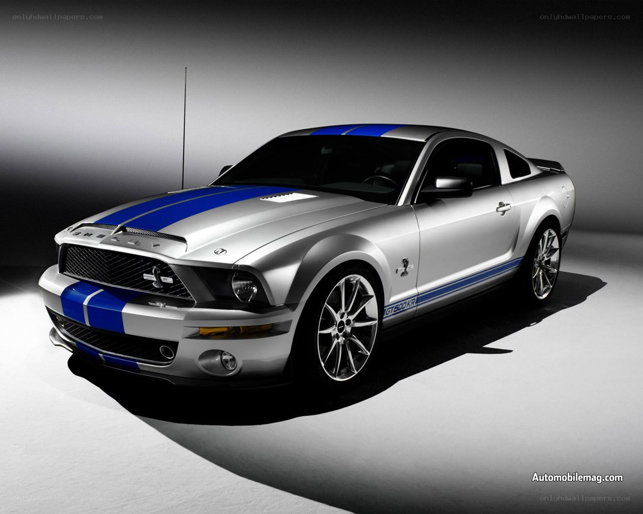 silver mustang with blue stripes