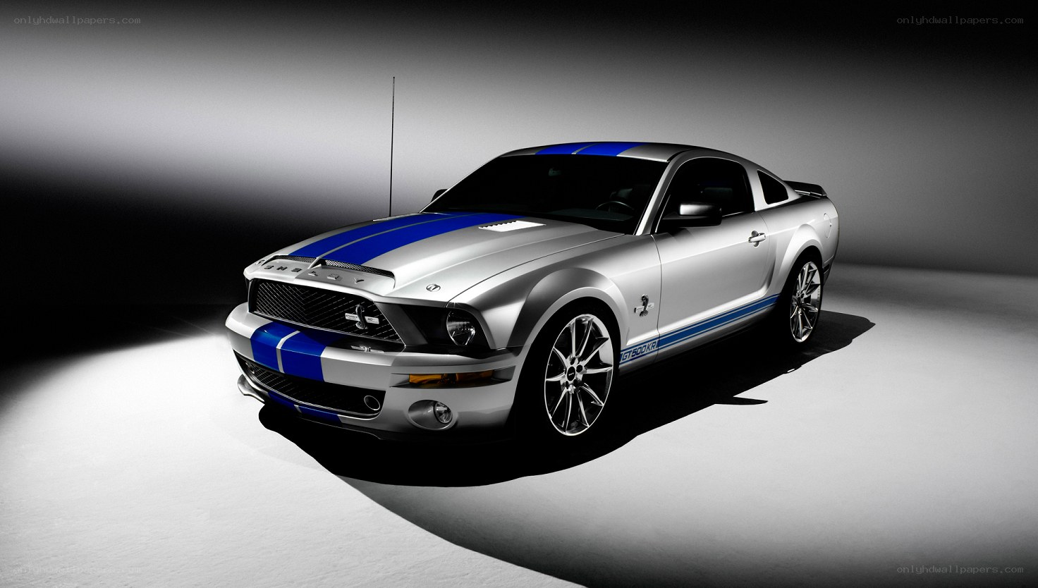 silver mustang with blue stripes