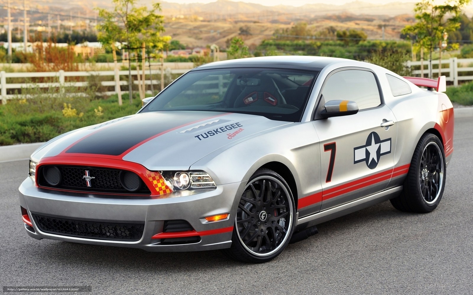 silver mustang with racing decals