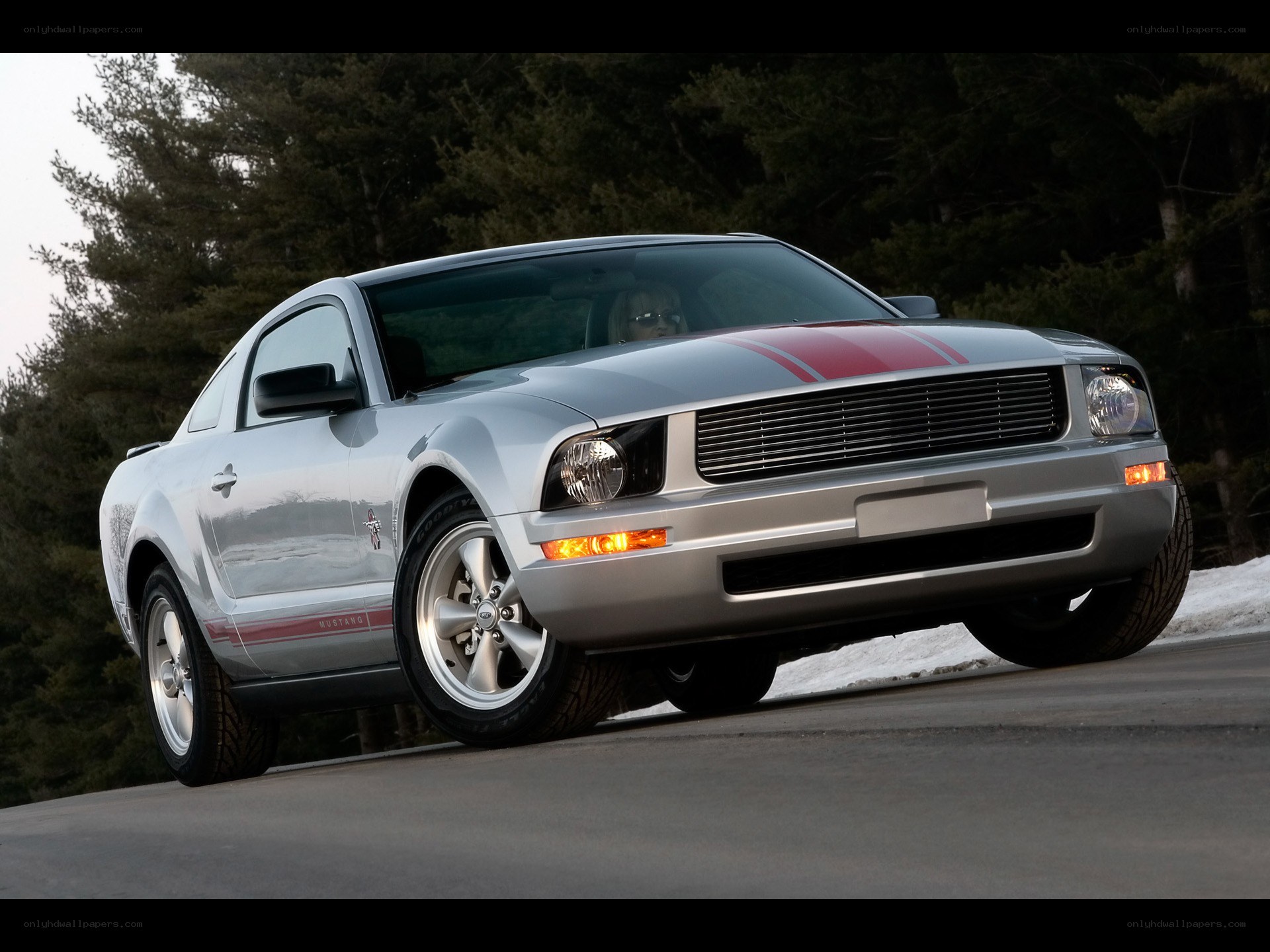 Silver Mustang with red stripes