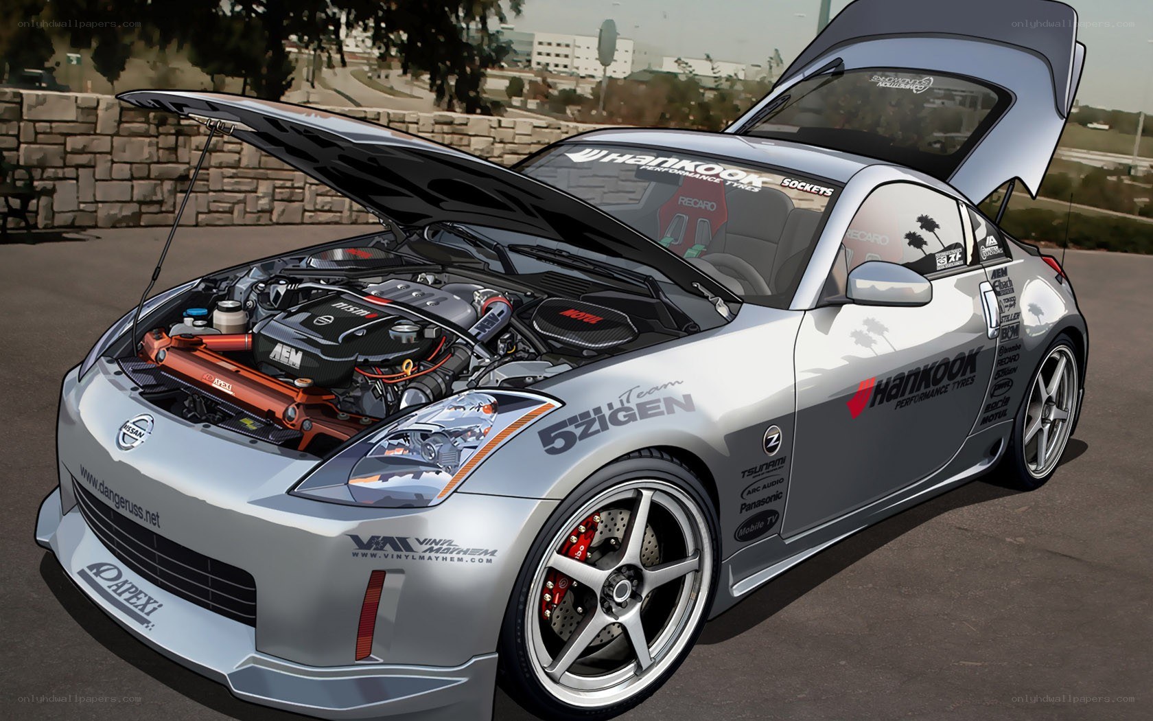 silver nissan 350z with engine open
