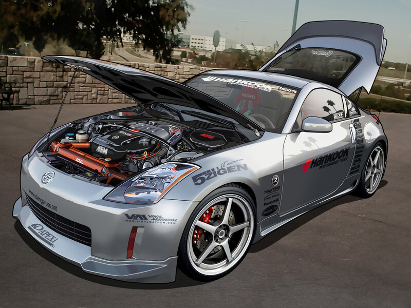 silver nissan 350z with open hood