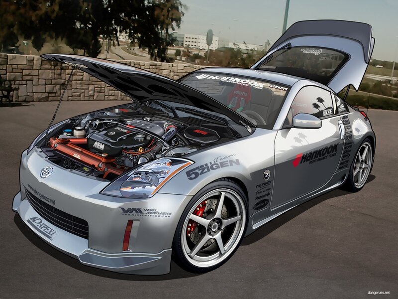 silver nissan 350z with open hood