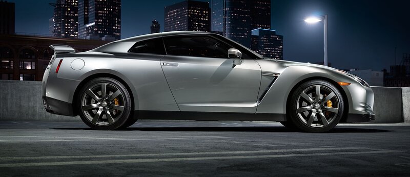 Silver Nissan GT-R at night
