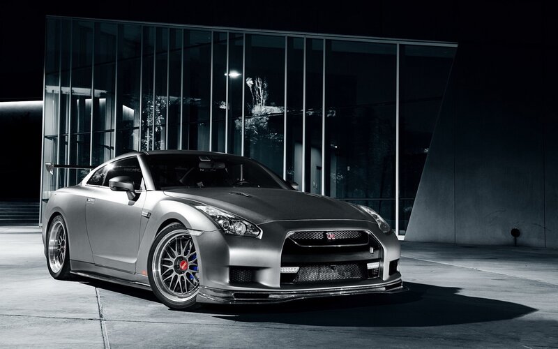 Silver Nissan GT-R at night