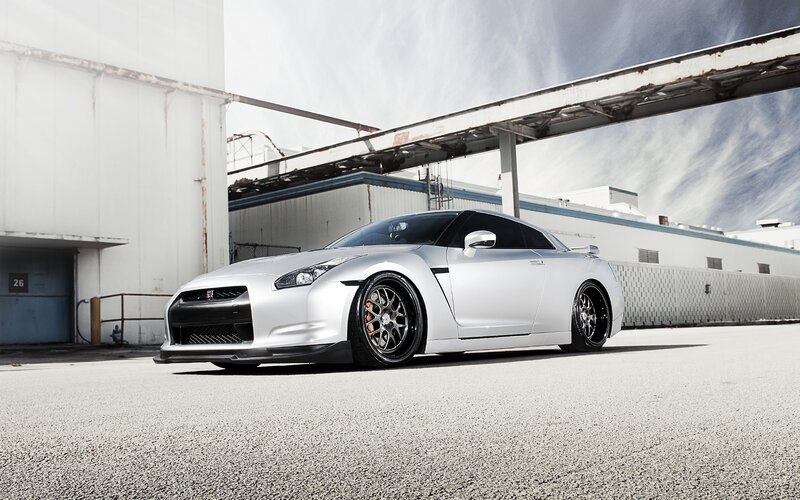 silver nissan gt-r in industrial setting