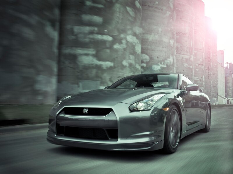 Silver Nissan GT-R in motion