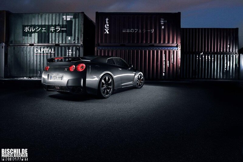 Silver Nissan GT-R in shipping yard