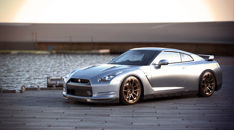 Silver Nissan GT-R on a dock