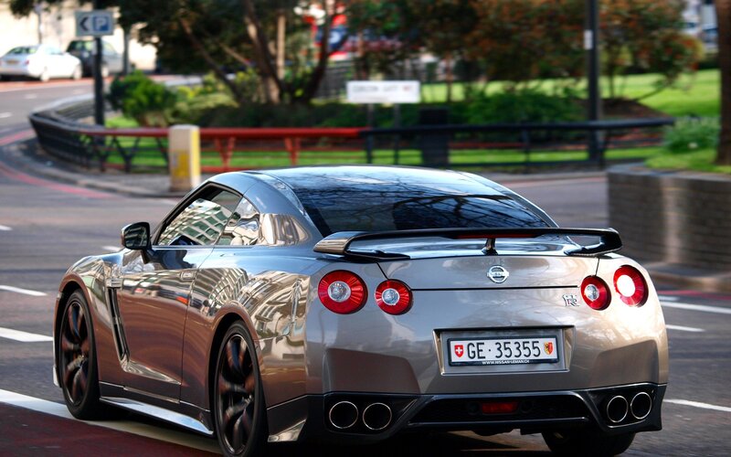 Silver Nissan GT-R on city street