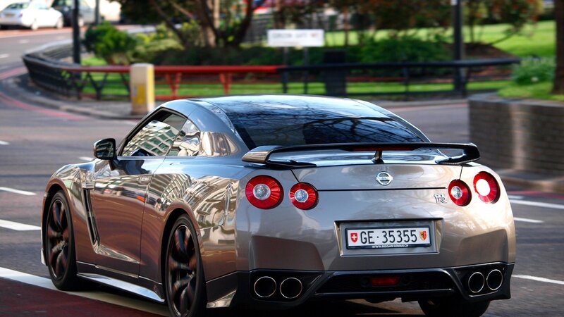 Silver Nissan GT-R on city street