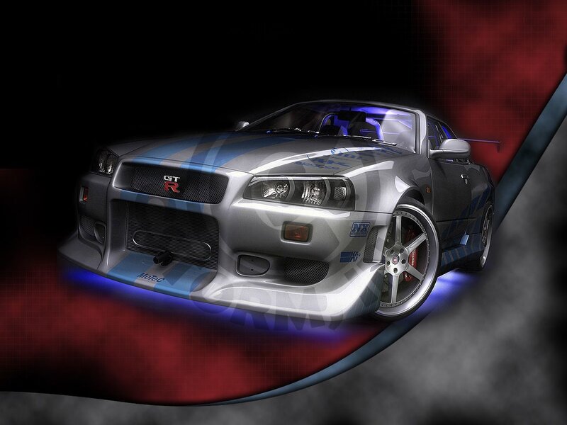 silver nissan gt-r with blue stripes