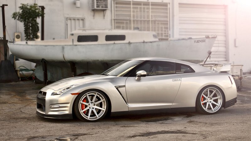 Silver Nissan GT-R with custom wheels