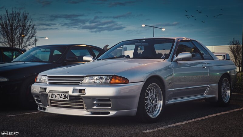 Silver Nissan Skyline — Dramatic, Sunset