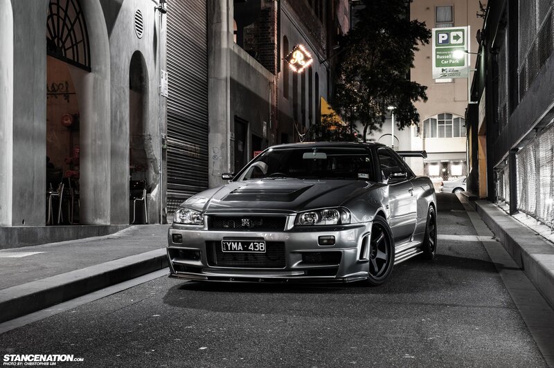 Silver Nissan Skyline — Gray, Dramatic, Night, Photograph, Car, Alley