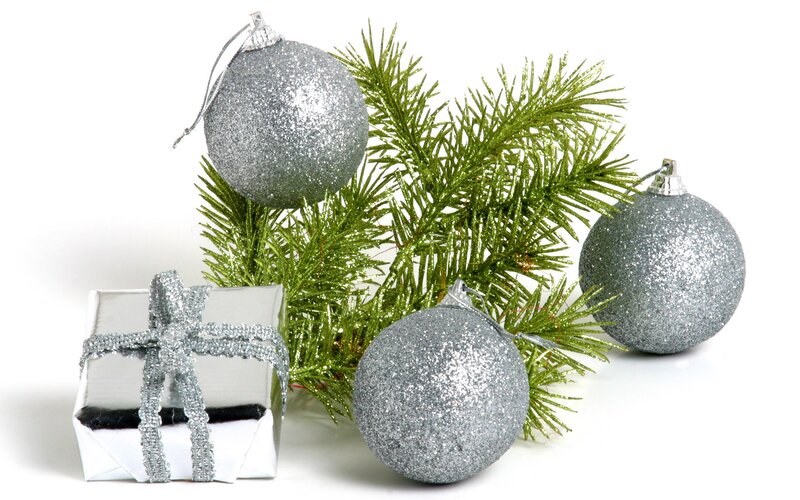 Silver Ornaments and Gift — Festive, Winter, Photograph
