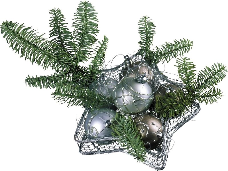 silver ornaments in wire basket