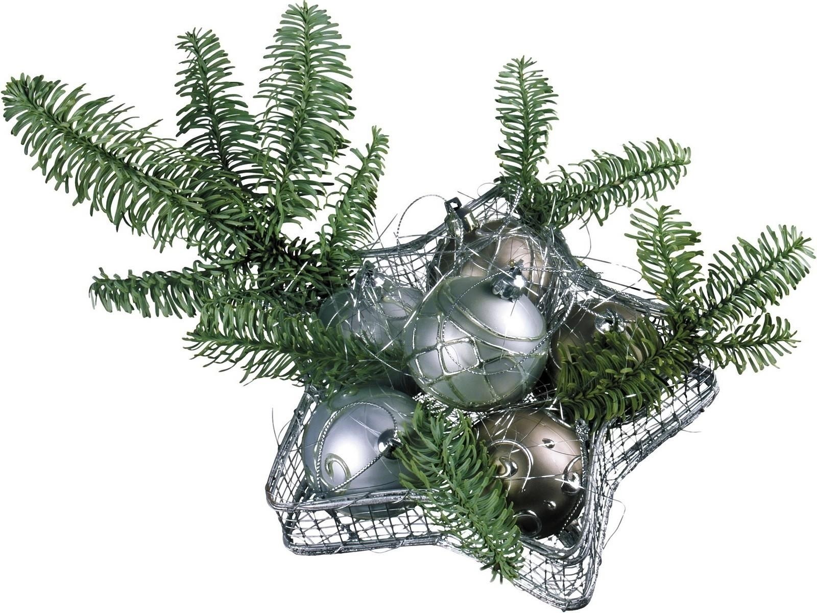 silver ornaments in wire basket