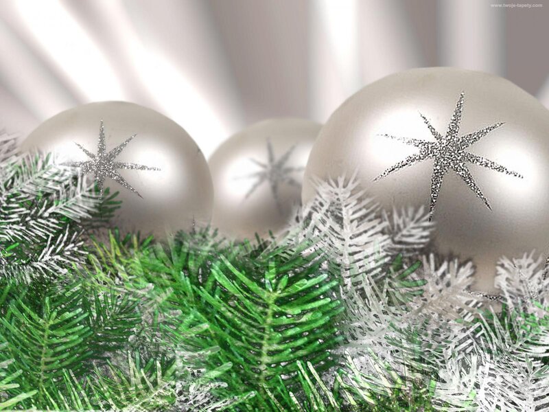Silver Ornaments on Pine Branches — Green, Festive