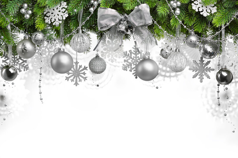 Silver Ornaments on Pine Branches — Green, Festive, Winter