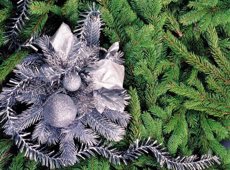 silver ornaments on pine branches