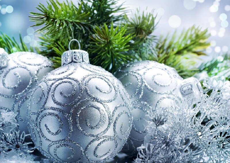 Silver Ornaments on Pine