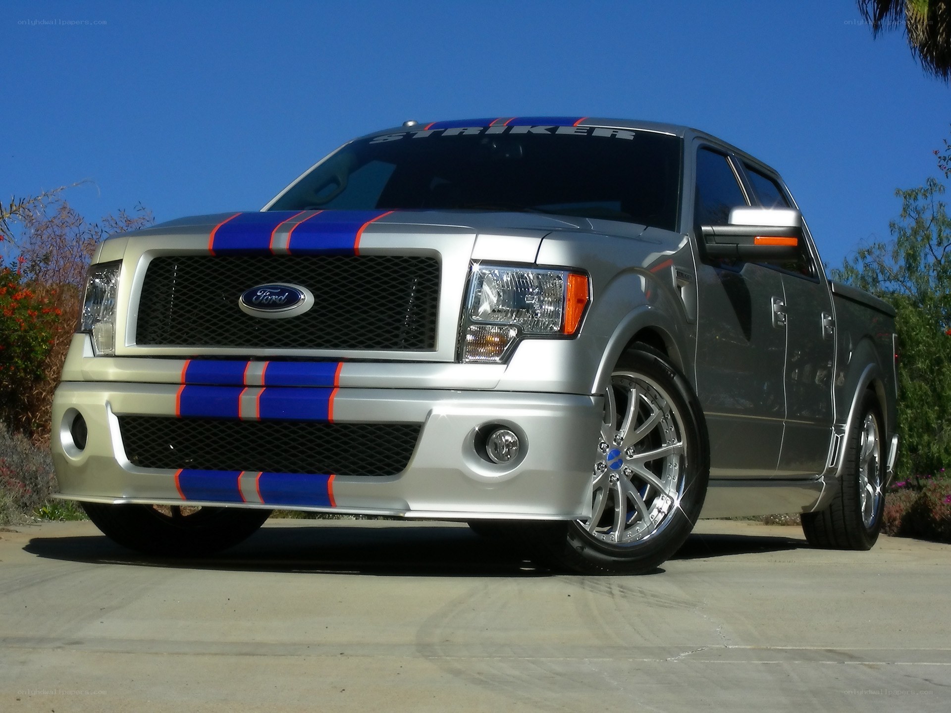 silver pickup truck with stripes