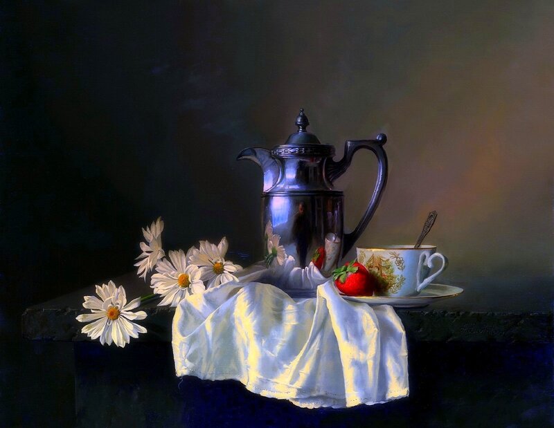 Silver Pitcher and Flowers — White