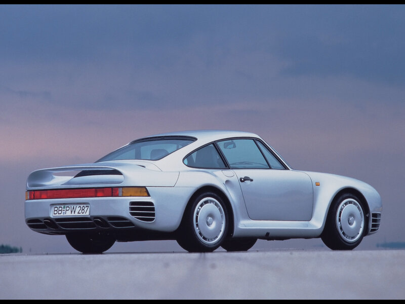 silver porsche 959 sports car