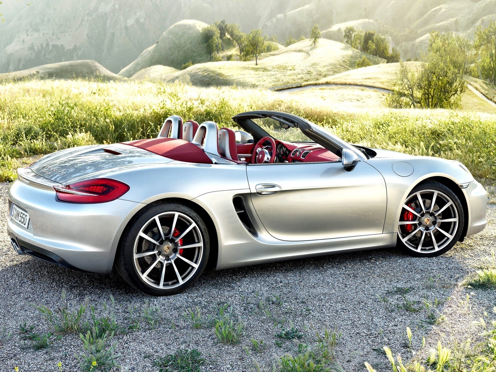 Silver Porsche Boxster in a field