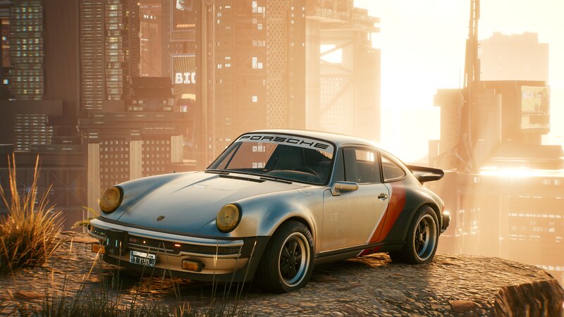 Silver Porsche Car — Dramatic, Sunset
