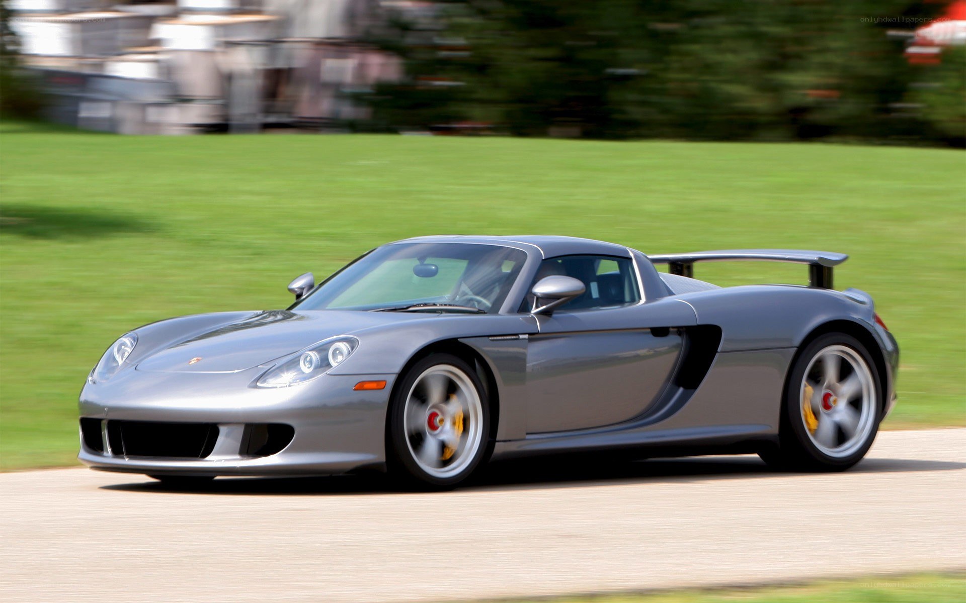 Silver Porsche Carrera GT in motion