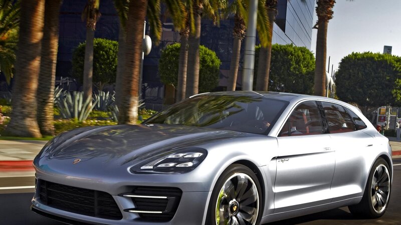 Silver Porsche concept car on city street