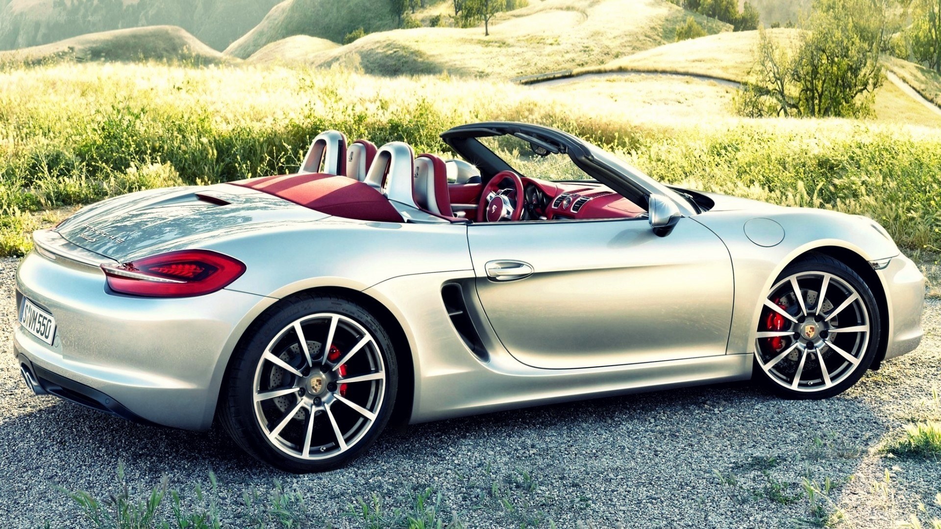 Silver Porsche convertible in field