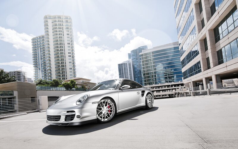 Silver Porsche in city