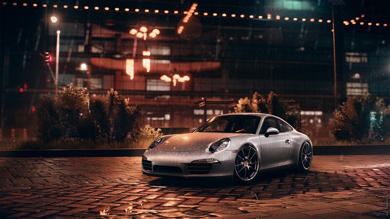 Silver Porsche in Rain — Gray