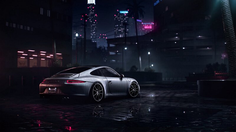 Silver Porsche on Wet Street