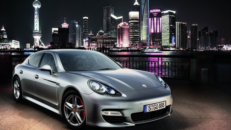 Silver Porsche Panamera — Dramatic, Night, Photograph, City Skyline, River